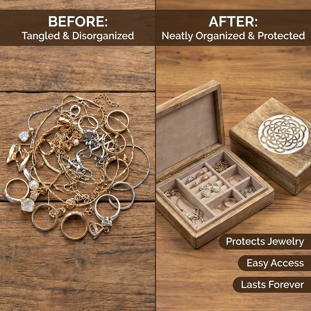 STORE INDYA Wooden Jewelry Box for Women - Handmade Mandala Carved Jewelry Organizer with Whitewash Finish - Decorative Jewel