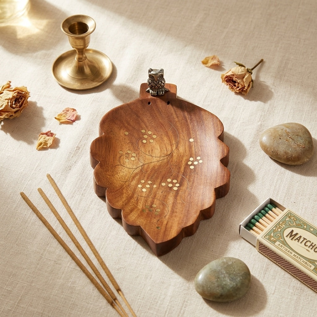 STOREINDYA Wooden Incense Stick Holder with Ash Catcher | Hand-Carved Owl Design Incense Burner Stand for Home Decor & Meditation