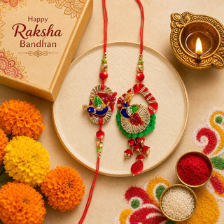 Premium Designer Red Cloth Peacock Design Rakhi Set of 2 for Bhaiya Bhabhi – Traditional Lumba Set, Thread Rakhi with Stones