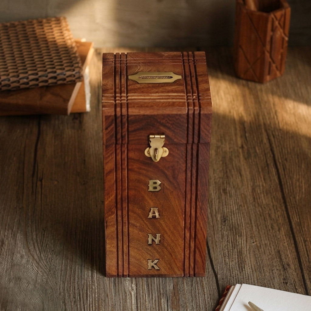 STORE INDYA Handmade Wooden Piggy Bank for Kids, Boys, Girls & Adults - Decorative Coin Money Bank Savings Box - Perfect Gift