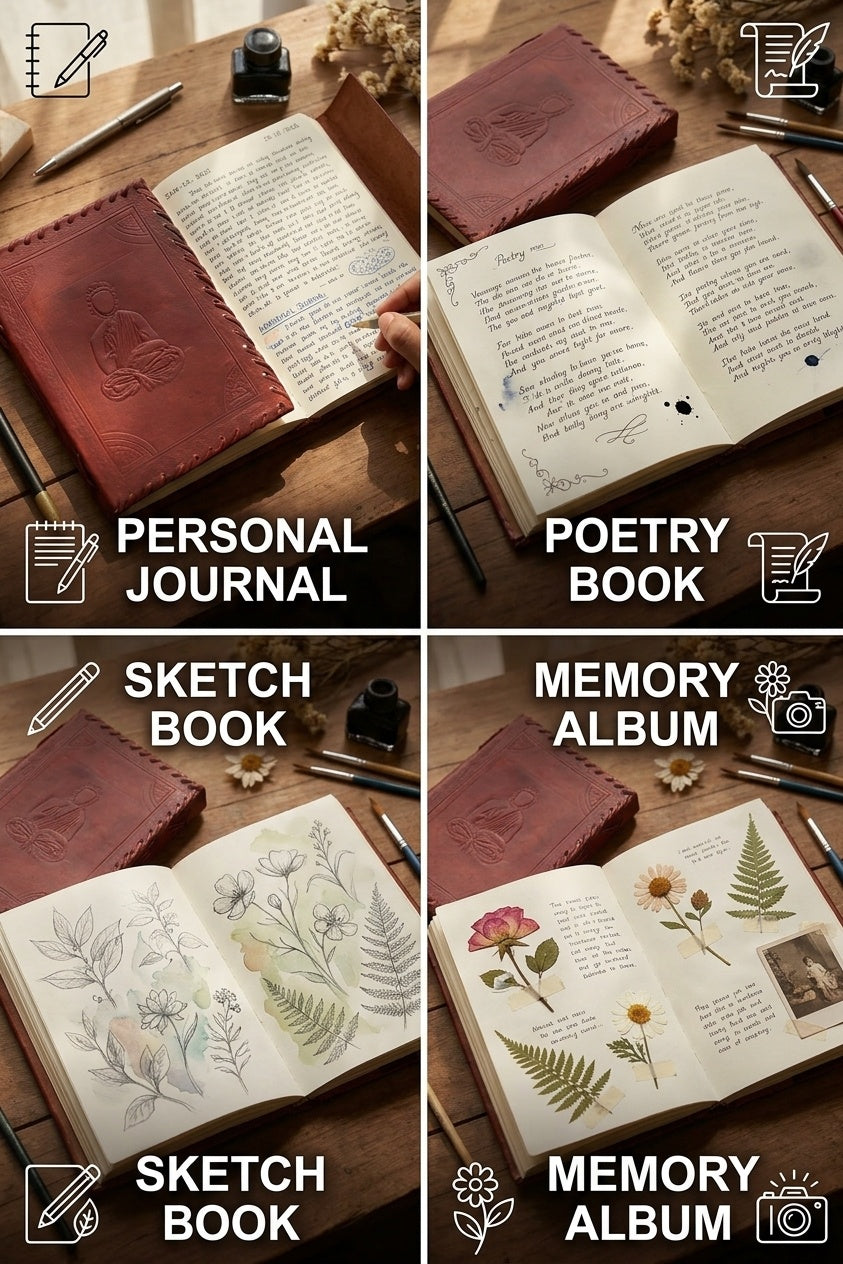 Premium Leather Diary | Handmade Leather Journal & Personal Organizer, Travel Notebook with Buddha Embossed Cover, Vintage Wr