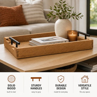 Shalinindia Mango Wooden Serving Tray, Metal Handles, Rustic, Brown