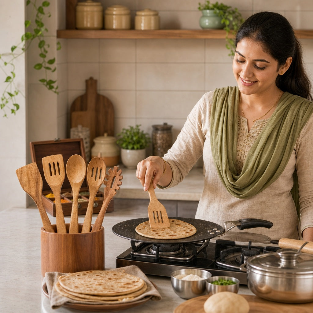 Shalinindia Wooden Cooking Utensil Set with Spoons, Acacia, Brown, 5 Piece