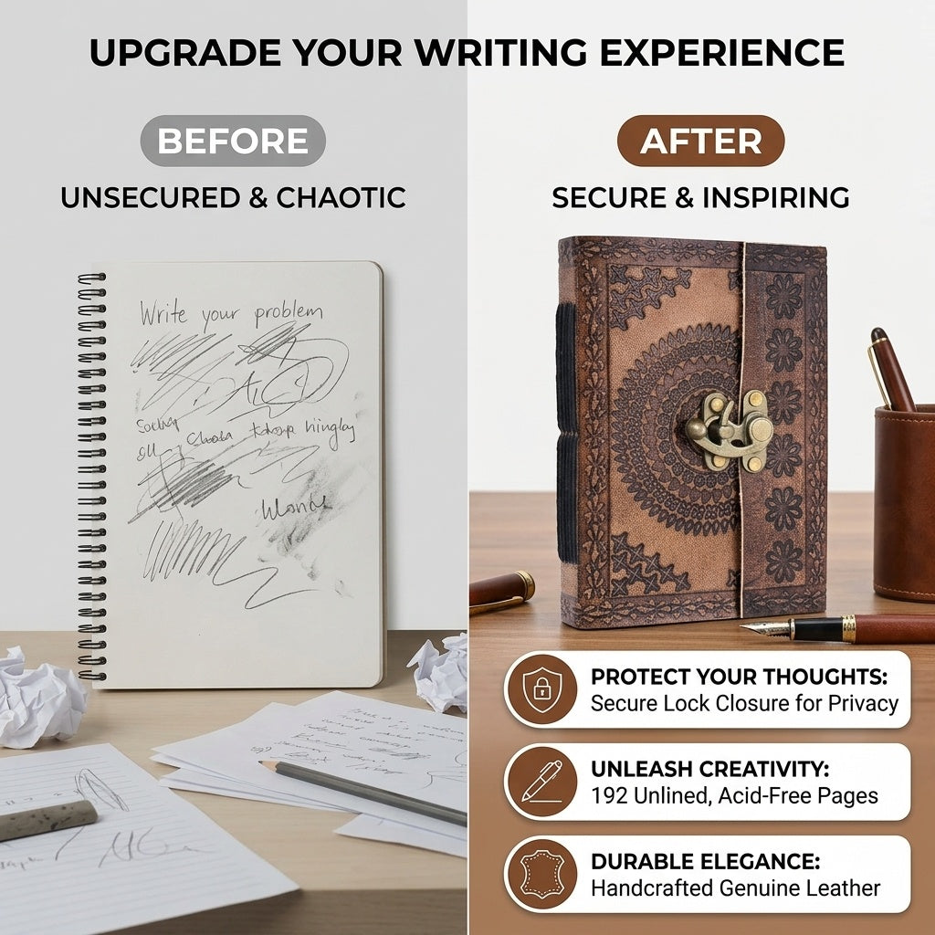 STORE INDYA Handmade Leather Bound Journal with Lock - Vintage Travel Diary | 192 Eco-Friendly Pages | Refillable Writing Not