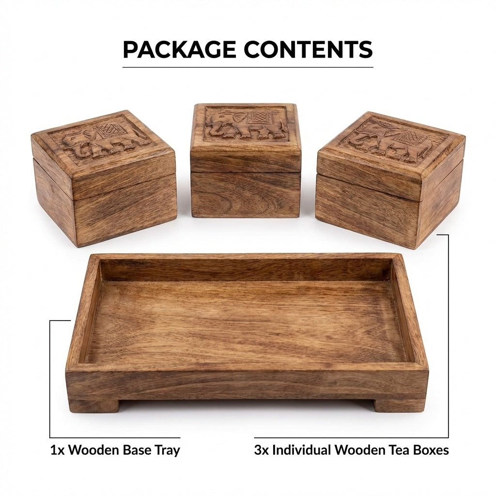 Tea Boxes Wooden/Tea Box Organizer/Tea Box Holder/Tea Storage Box/Tea Chest Boxes/Wood Tea Box Handmade Wooden Teabags Holder Chest Organizer (Elephant Trio Collection)