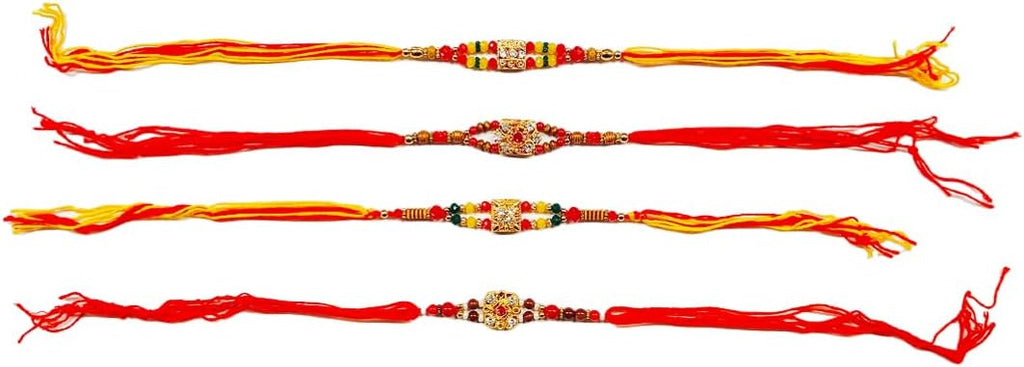 Set of 4 Rakhi for Brother | 2.0 Inches Cotton Raksha Bandhan Rakhi Set | Multi Color Amber Gem Handmade Ethnic Rakhis for Brother