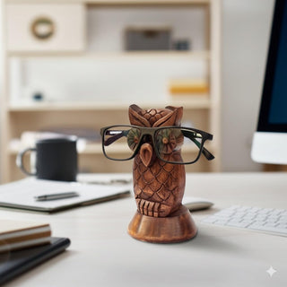 STORE INDYA Hand Carved Wooden Eyeglass Spectacle Holder Stand - Owl Standing White Rustic - Perfect Desk Décor Gift for Home