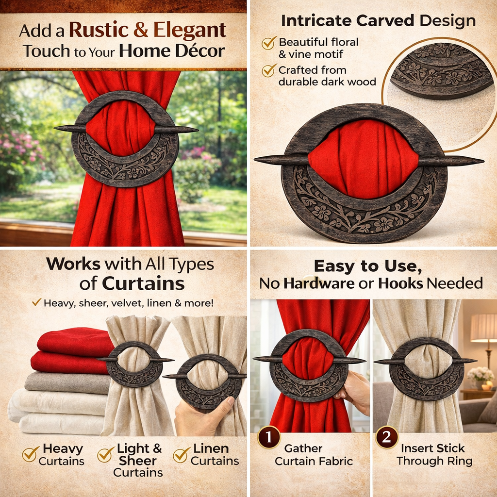 StoreIndya Wooden Curtain Tiebacks Set of 2 - Hand Carved Floral Design Curtain Holdbacks Tie Backs for Window Drapes Home Decor