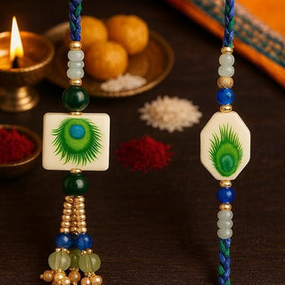 Premium Designer White Peacock Resin Rakhi Set of 2 with Roli Chawal for Bhaiya Bhabhi – Traditional Lumba Set, Thread Rakhi