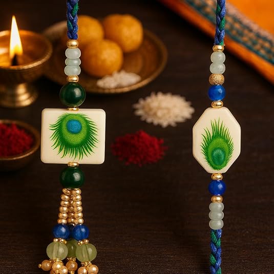 Premium Designer White Peacock Resin Rakhi Set of 2 with Roli Chawal for Bhaiya Bhabhi – Traditional Lumba Set, Thread Rakhi