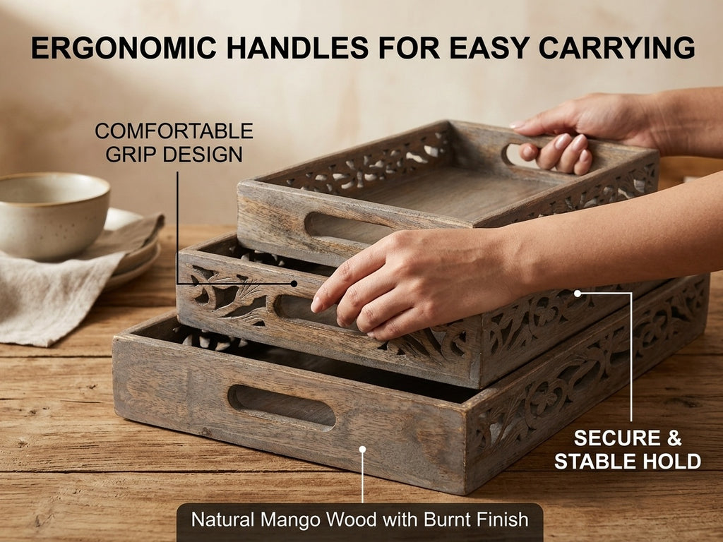 Vintage Rustic Wooden Serving Trays with Handle - Set of 3