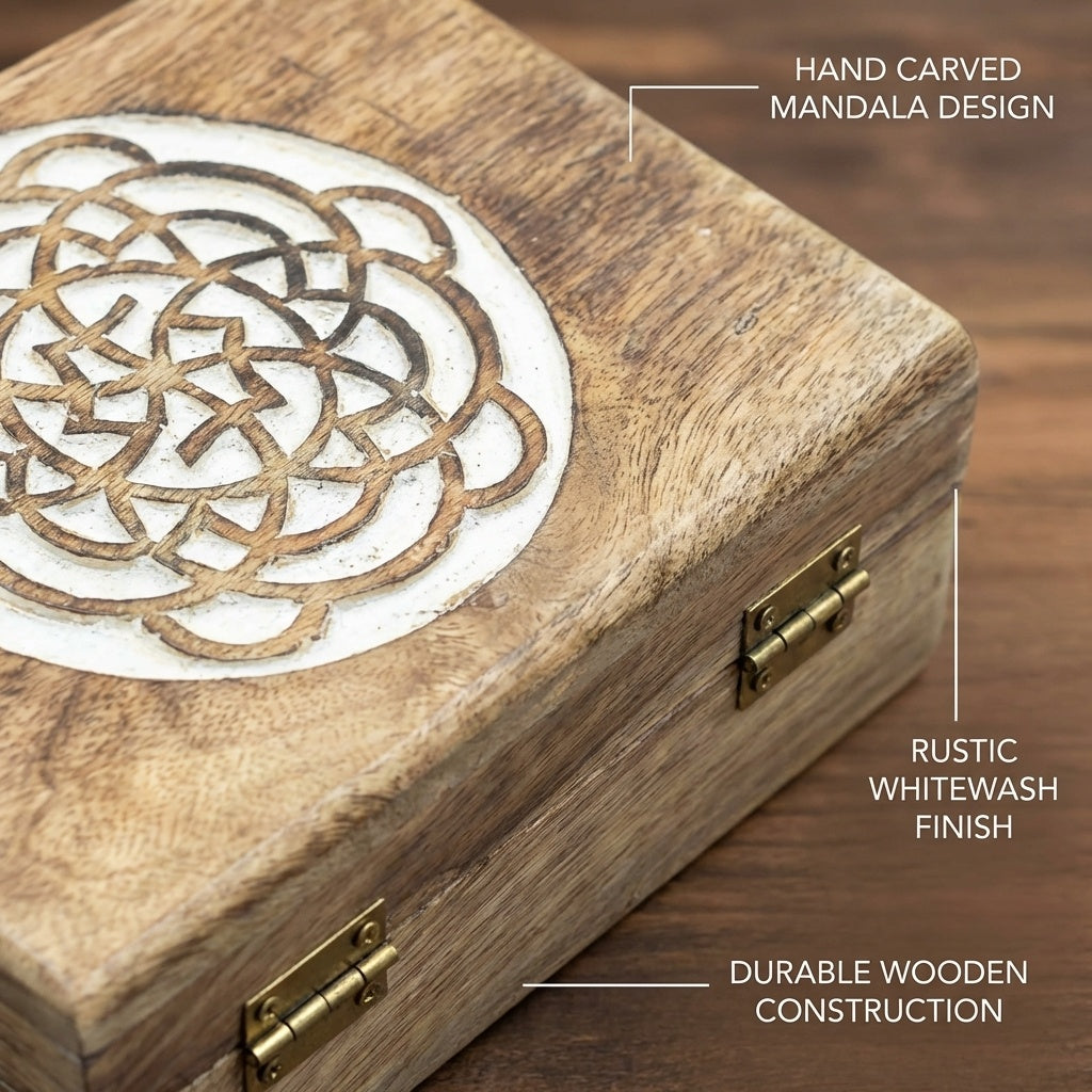STORE INDYA Wooden Jewelry Box for Women - Handmade Mandala Carved Jewelry Organizer with Whitewash Finish - Decorative Jewel