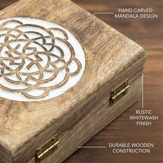 STORE INDYA Wooden Jewelry Box for Women - Handmade Mandala Carved Jewelry Organizer with Whitewash Finish - Decorative Jewel