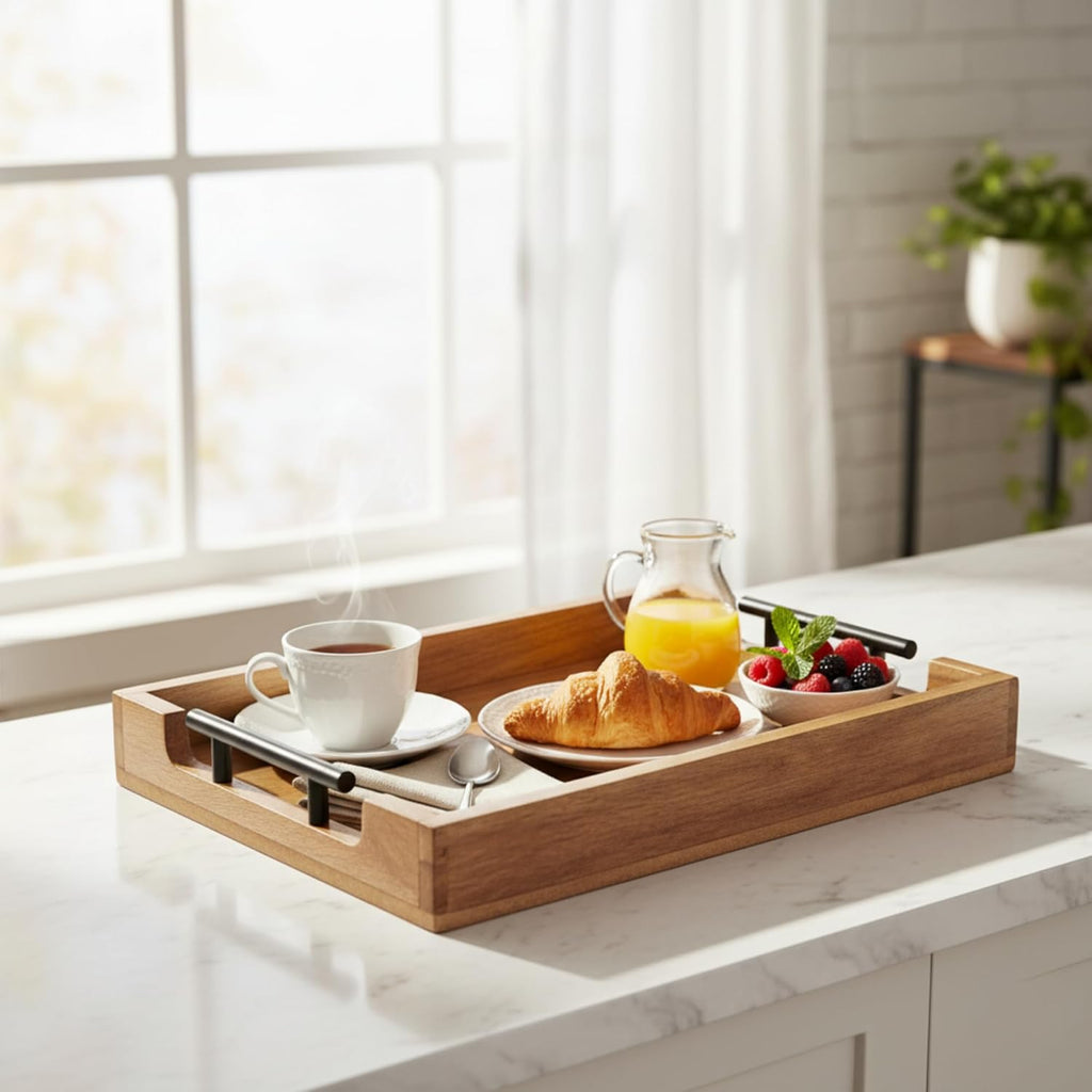 STORE INDYA Mango Wood Serving Tray with Metal Handles – Rustic Coffee Table & Ottoman Tray for Living Room, Kitchen, Breakfast in Bed, and Gatherings