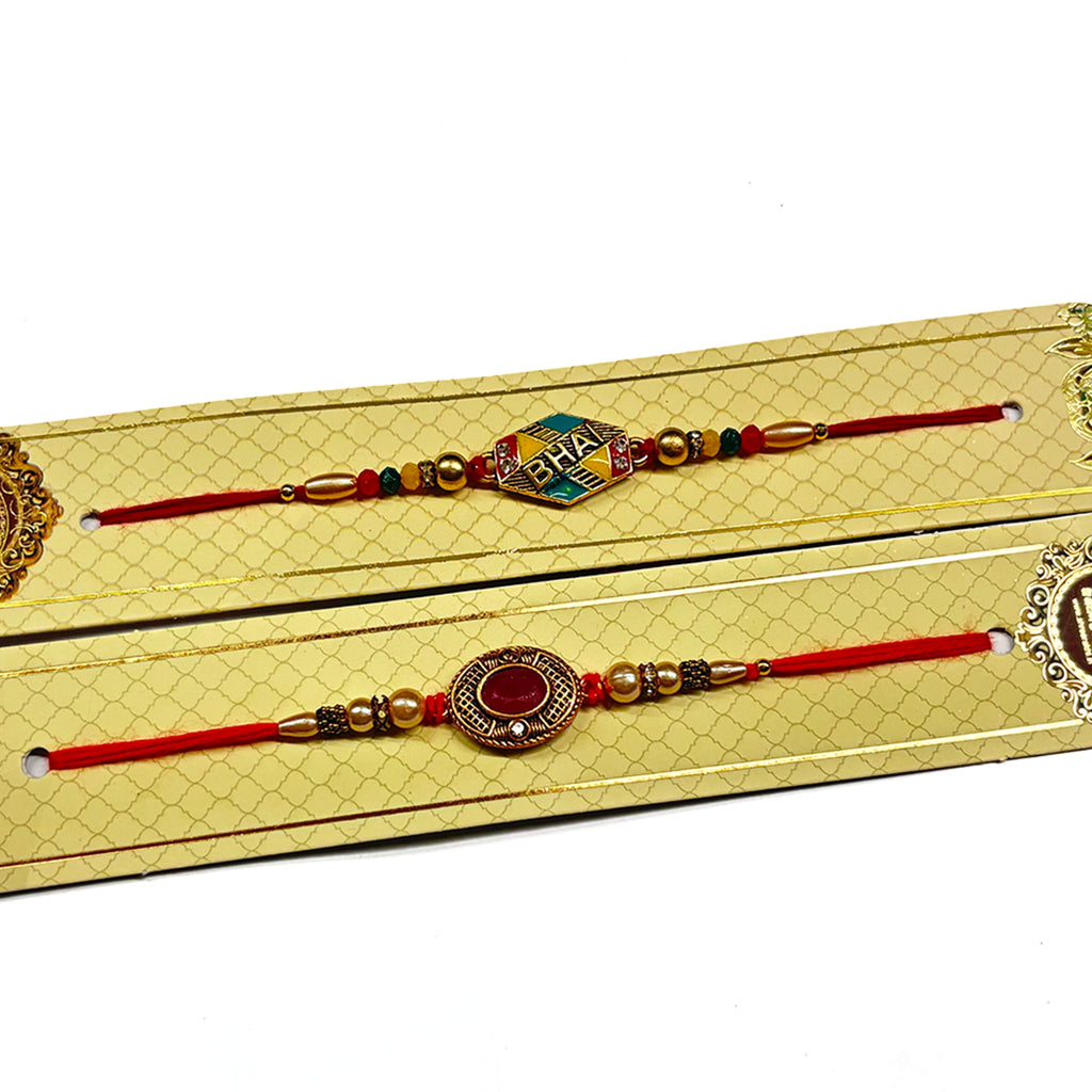 Store Indya Set of Two Rakhi for Brother | 2.0 Inches Cotton Rakhis for Brother | Multi Color Amber Gem and Bhai Letter Engraved Raksha Bandhan Rakhi Set