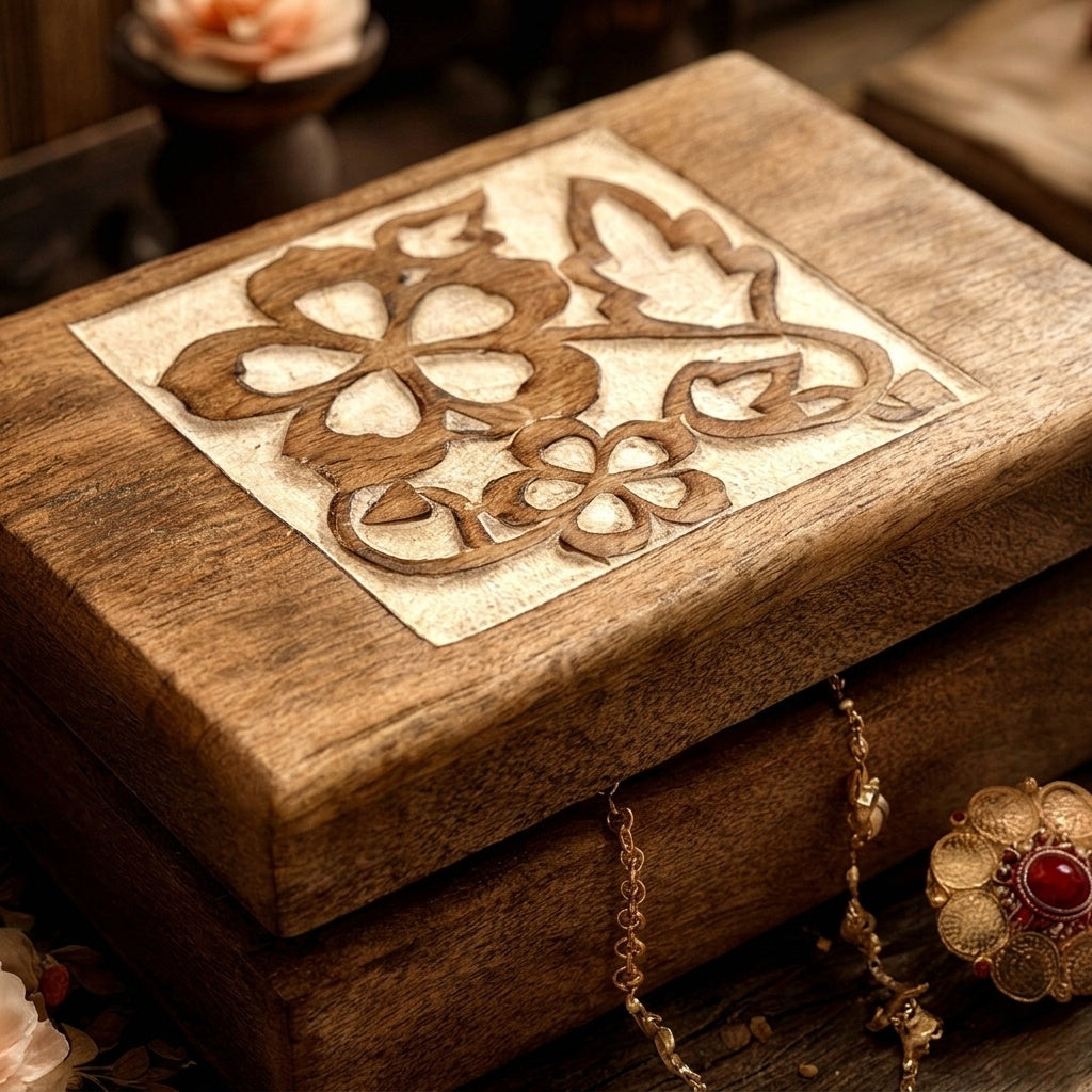 STORE INDYA Wooden Jewelry Box for Women - Hand Carved Decorative Jewelry Organizer Box with Flower Design, Trinket Storage C