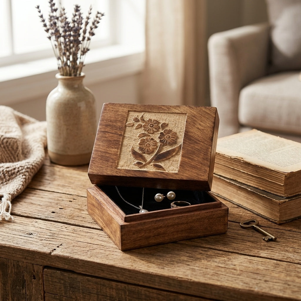 STORE INDYA Wooden Jewelry Box for Women | Hand Carved Decorative Jewelry Organizer with Flower Design | Treasure Keepsake Bo