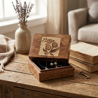 STORE INDYA Wooden Jewelry Box for Women | Hand Carved Decorative Jewelry Organizer with Flower Design | Treasure Keepsake Bo