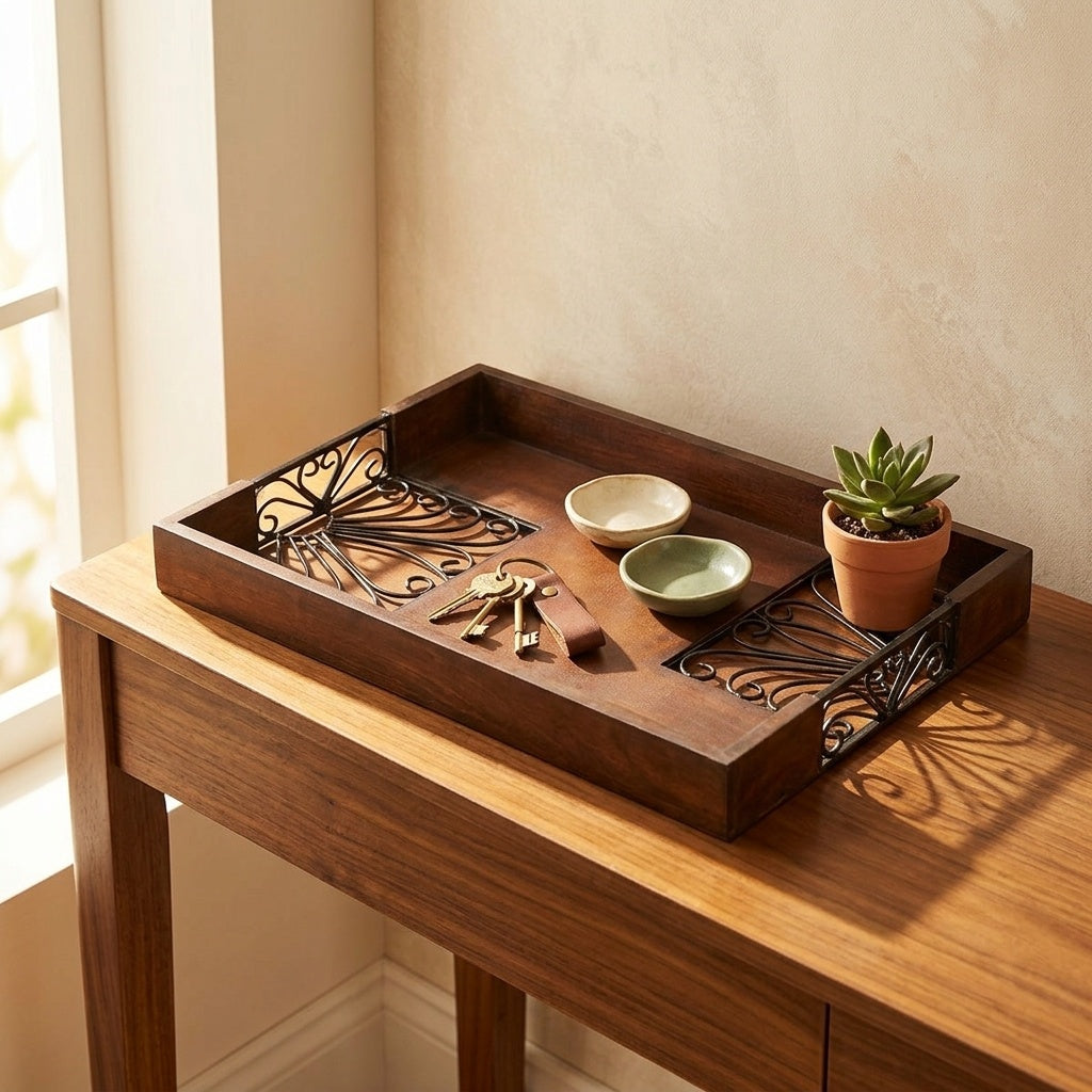STORE INDYA Decorative Wood Serving Tray with Handles - Floral Metal Cutout Design Coffee Table Tray for Kitchen, Dining & Ho