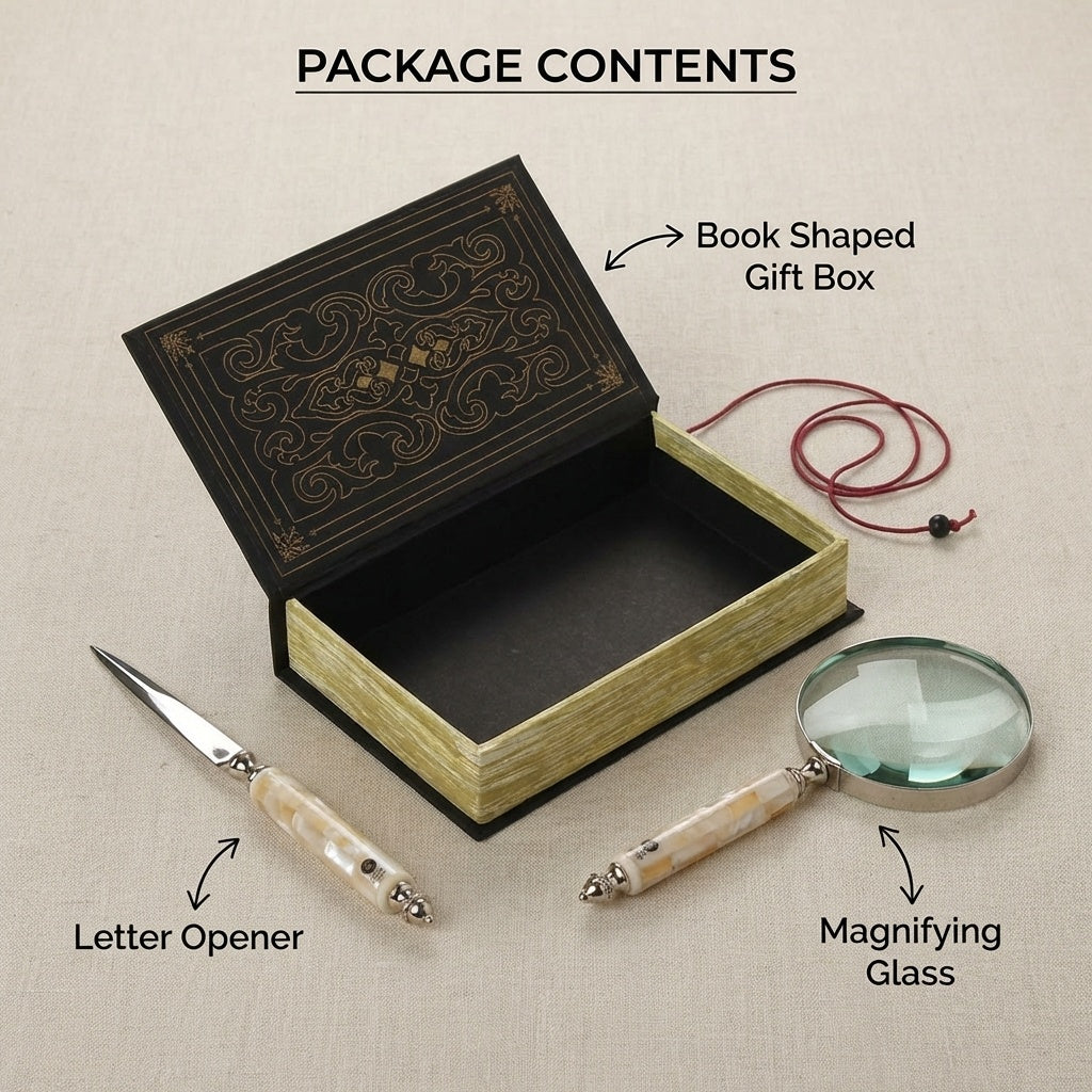 storeindya Magnifying Glass for Reading - Handheld Magnifier with Letter Opener Set, Vintage Mango Wood & Mother of Pearl, Bo