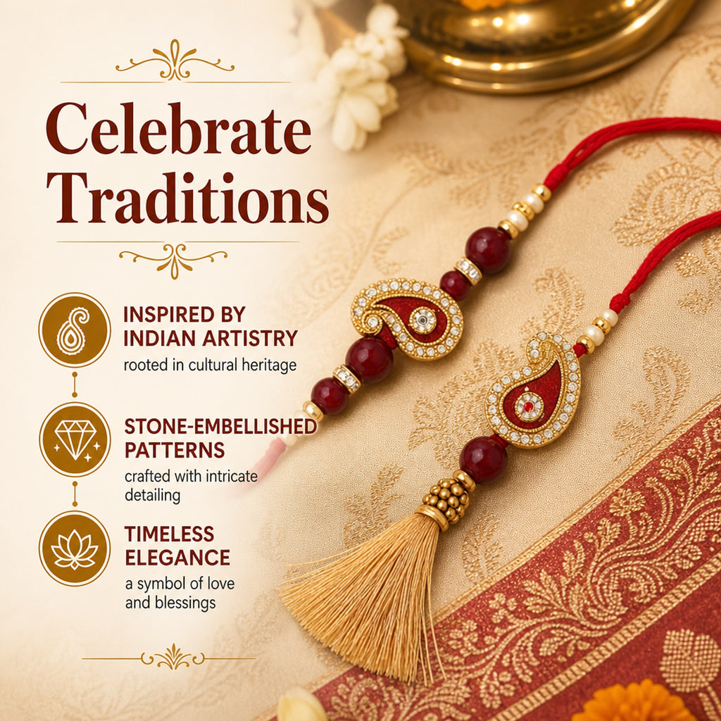 Shalinindia Bhai Bhabhi Rakhi Set of 2 – Traditional Lumba Thread Rakhi with Stones | Raksha Bandhan Gift Set for Brother & B