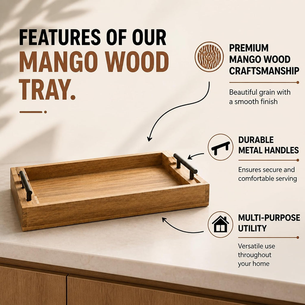 STORE INDYA Mango Wood Serving Tray with Metal Handles – Rustic Coffee Table & Ottoman Tray for Living Room, Kitchen, Breakfa