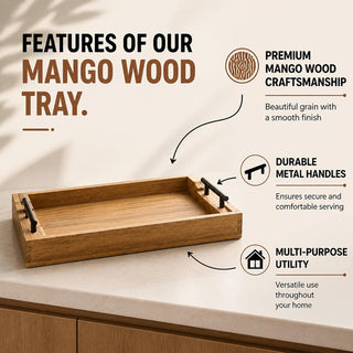 STORE INDYA Mango Wood Serving Tray with Metal Handles – Rustic Coffee Table & Ottoman Tray for Living Room, Kitchen, Breakfa