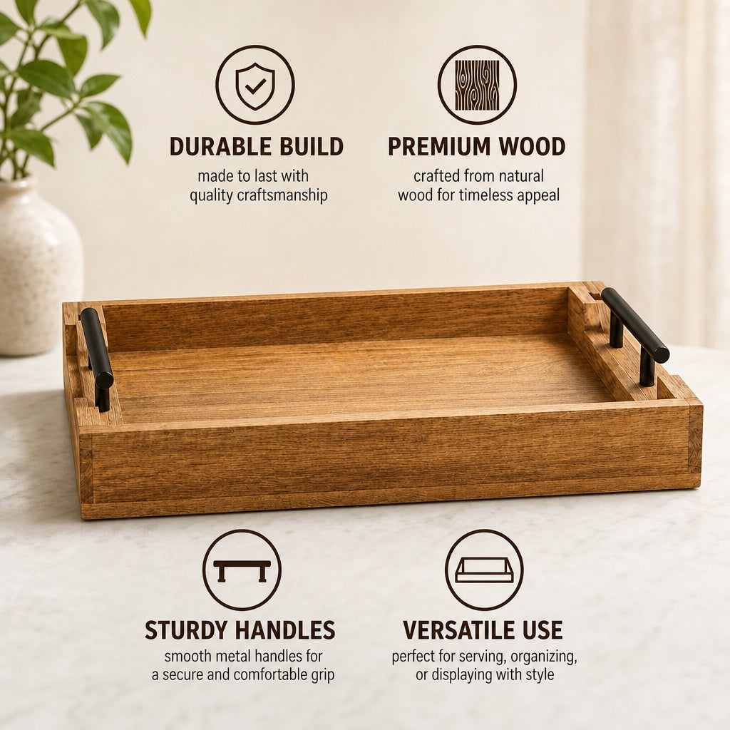 Shalinindia Mango Wooden Serving Tray, Metal Handles, Rustic, Brown