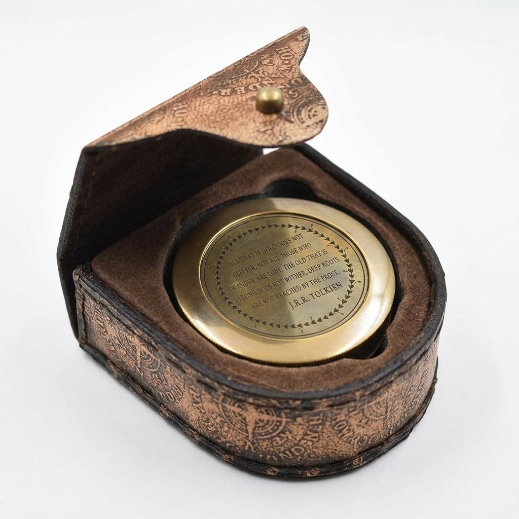 STORE INDYA Brass Compass with Magnetic Needle - Vintage Nautical Directional Compass with Scripture Engraving & Leather Case