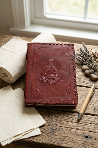 Premium Leather Diary | Handmade Leather Journal & Personal Organizer, Travel Notebook with Buddha Embossed Cover, Vintage Wr