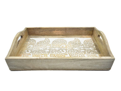 Hand Carved Wooden Breakfast Serving Tray with Handle for Breakfast Tea Snack Dessert | Kitchen Dining Serve-Ware Accessories | 15 x 10 Inches | 2050