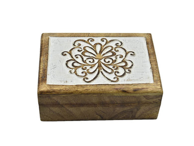 STORE INDYA Wooden Hand Carved Decorative Box with Geometrical Carving On Top | Treasure Box Jewelry Organizer Keepsake Box T