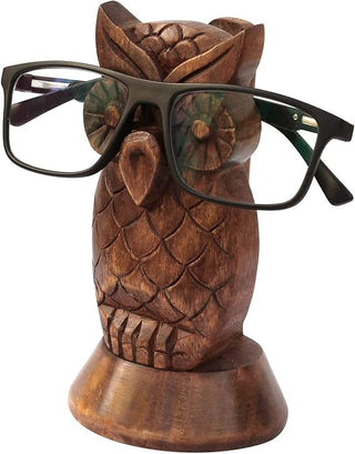 STORE INDYA Hand Carved Wooden Eyeglass Spectacle Holder Stand - Owl Standing White Rustic - Perfect Desk Décor Gift for Home