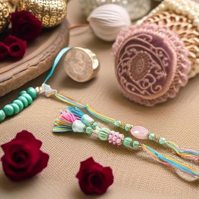 Store Indya Rakhi for Brother and Bhabhi | Cotton Raksha Bandhan Rakhi Set | Designer 1 inch Rakhi for Bhai and Bhabhi | Multicolour Stone Studded Rakhi Gift Set for Bhaiya Bhabhi