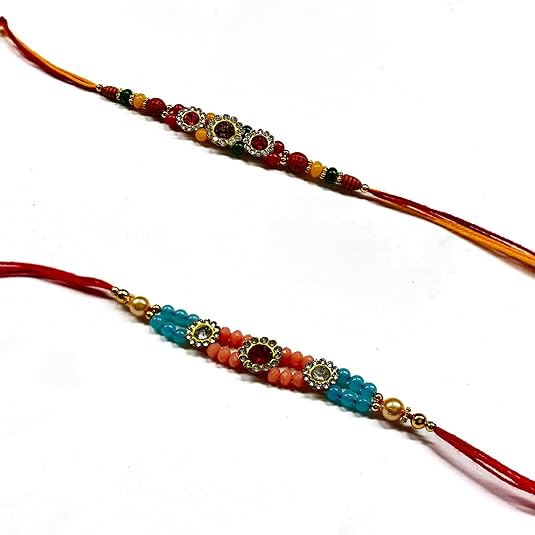 Rakhi for Brother | Multi Color Studded Gems Raksha Bandhan Rakhi Set | Designer Rakhis Multipack of 6 | 2.0 Inches Cotton Threads | Traditional Indian Festival Gift