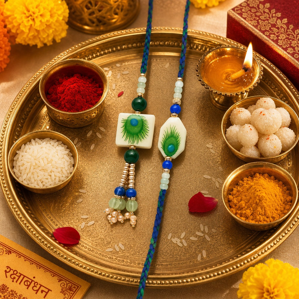 Premium Designer White Peacock Resin Rakhi Set of 2 with Roli Chawal for Bhaiya Bhabhi – Traditional Lumba Set, Thread Rakhi