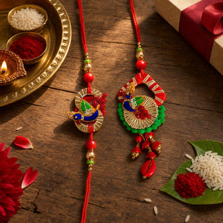 Premium Designer Red Cloth Peacock Design Rakhi Set of 2 for Bhaiya Bhabhi – Traditional Lumba Set, Thread Rakhi with Stones