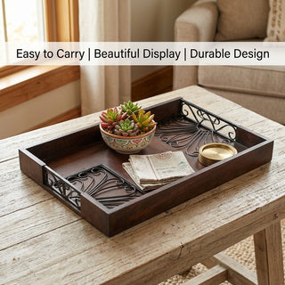 STORE INDYA Decorative Wood Serving Tray with Handles - Floral Metal Cutout Design Coffee Table Tray for Kitchen, Dining & Ho