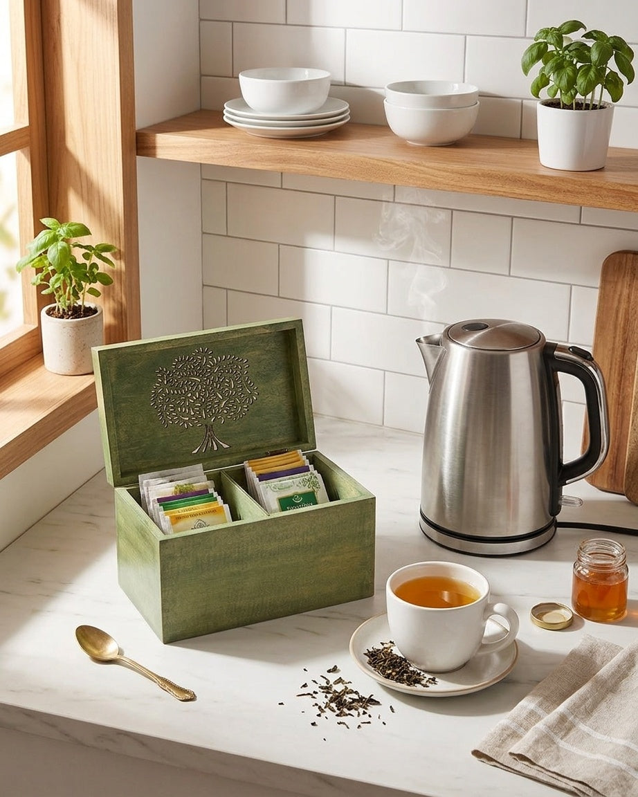 STOREINDYA Wooden Tea Storage Box | Tea Bag Organizer with 2 Compartments, Handcrafted Tea Box with Embossed Tree of Life Design for Kitchen Counter