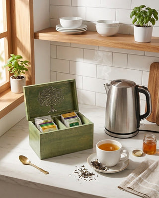 STOREINDYA Wooden Tea Storage Box | Tea Bag Organizer with 2 Compartments, Handcrafted Tea Box with Embossed Tree of Life Design for Kitchen Counter