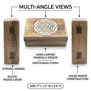 STORE INDYA Wooden Jewelry Box for Women - Handmade Mandala Carved Jewelry Organizer with Whitewash Finish - Decorative Jewel