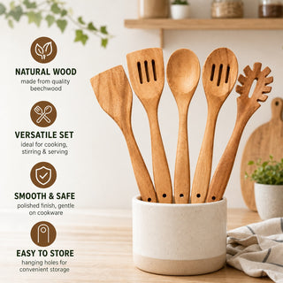 Shalinindia Wooden Cooking Utensil Set with Spoons, Acacia, Brown, 5 Piece