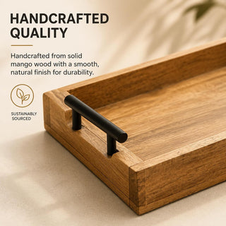 STORE INDYA Mango Wood Serving Tray with Metal Handles – Rustic Coffee Table & Ottoman Tray for Living Room, Kitchen, Breakfa