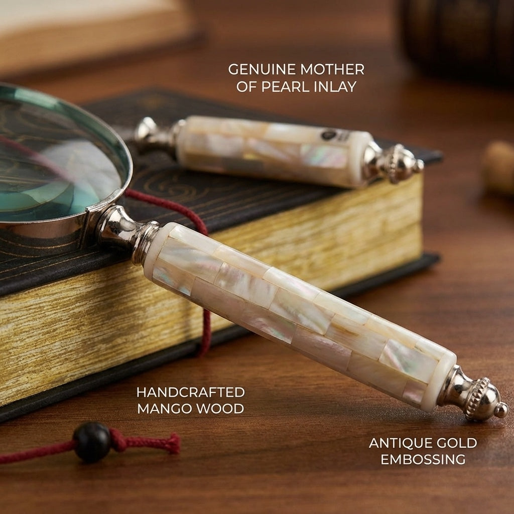storeindya Magnifying Glass for Reading - Handheld Magnifier with Letter Opener Set, Vintage Mango Wood & Mother of Pearl, Bo
