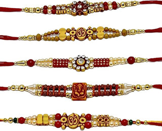 Store Indya Rakhi for Brother | Designer Raksha Bandhan Rakhi Set | Multi Color Amber Gem Rakhis for Brother | Cotton 2.0 Inch Rakhis Multipack of 5