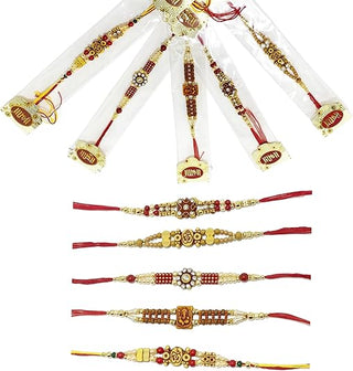 Store Indya Rakhi for Brother | Designer Raksha Bandhan Rakhi Set | Multi Color Amber Gem Rakhis for Brother | Cotton 2.0 Inch Rakhis Multipack of 5