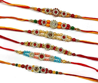 Rakhi for Brother | Multi Color Studded Gems Raksha Bandhan Rakhi Set | Designer Rakhis Multipack of 6 | 2.0 Inches Cotton Threads | Traditional Indian Festival Gift