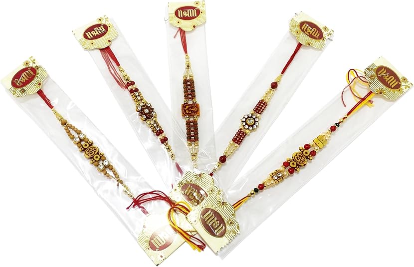 Store Indya Rakhi for Brother | Designer Raksha Bandhan Rakhi Set | Multi Color Amber Gem Rakhis for Brother | Cotton 2.0 Inch Rakhis Multipack of 5