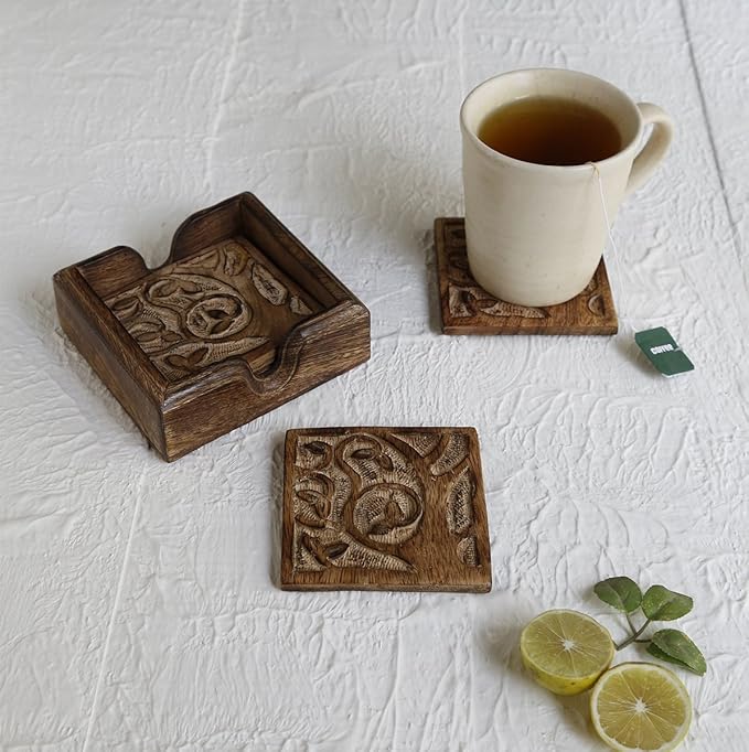 storeindya, Square Drink Coasters Handmade Set of 4 Coasters with Holder-Absorbent-for Tea Coffee Cup Wine Beer Glass Mug Kit