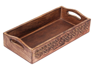 STORE INDYA Rustic Large Wooden Serving Tray Platter for Tea Snack Dessert with Handle Hand Carved Floral Design Kitchen Dini